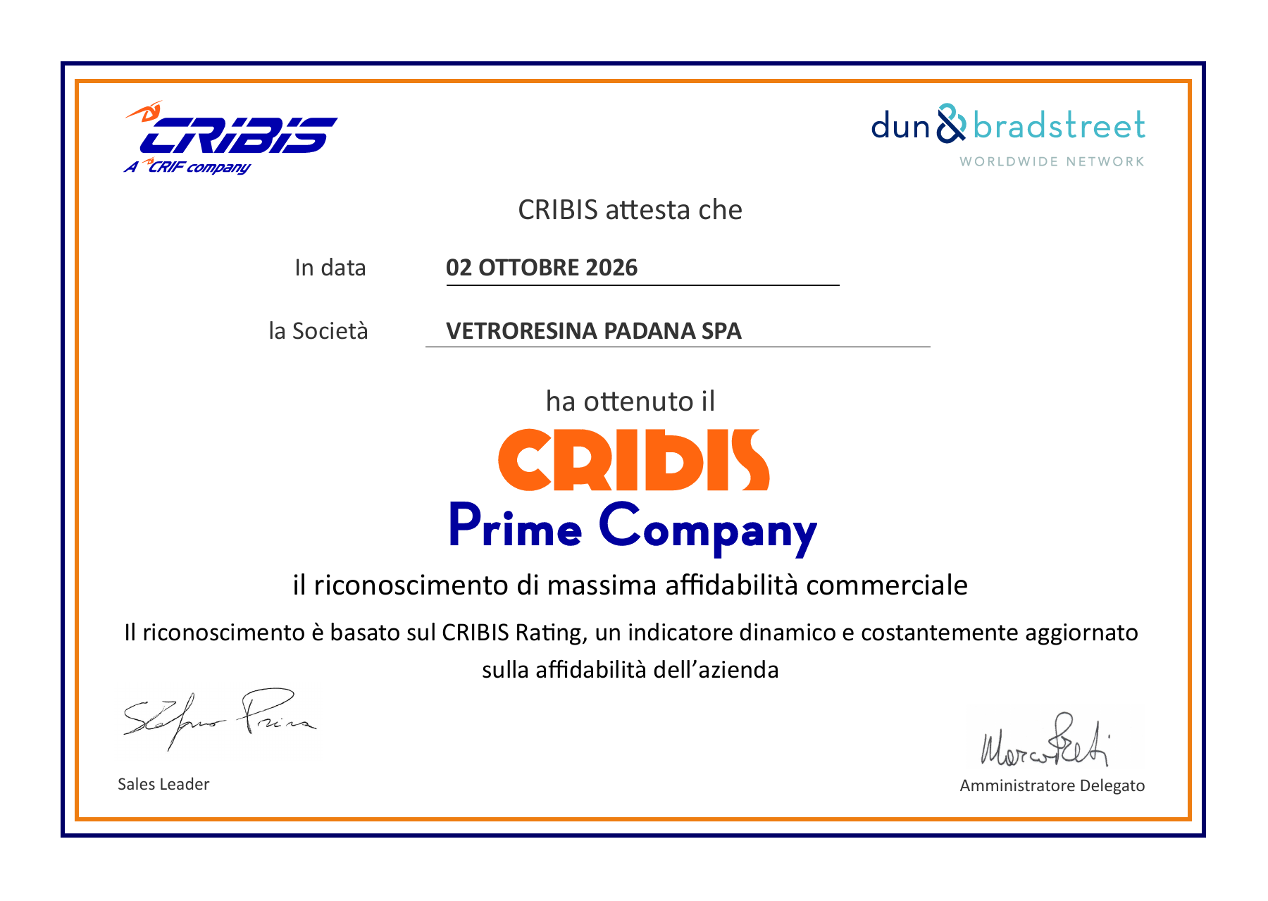 Attestato CRIBIS Prime Company conferito a Vetroresina Padana SPA il 2 ottobre 2026
